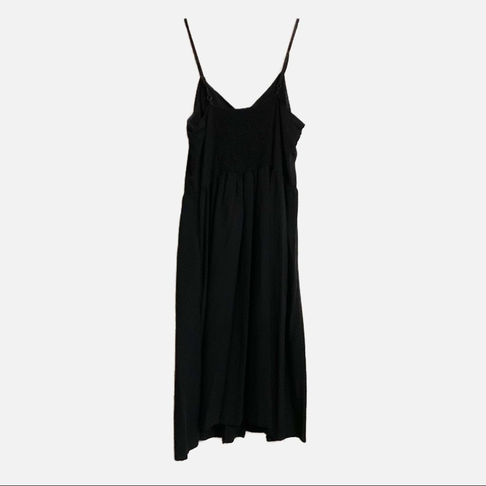 Smocked Black Button Down V-Neck Lined Side Slit Pockets Maxi Sundress. - Picture 2 of 10
